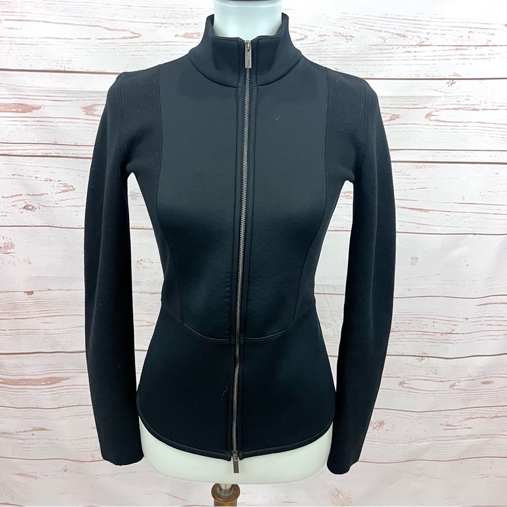 Giorgio Armani Collezioni Scuba Neoprene Inset Peplum Zip Wool Sweater Jacket